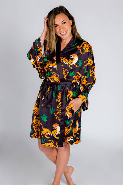  The Tamer | Ladies Unisex Tiger Print Satin Kimono