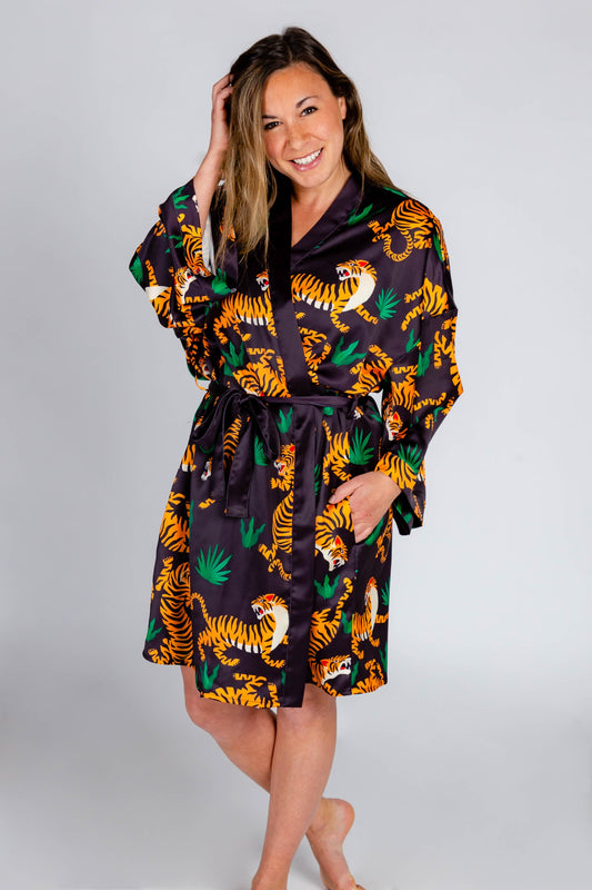  The Tamer | Ladies Unisex Tiger Print Satin Kimono