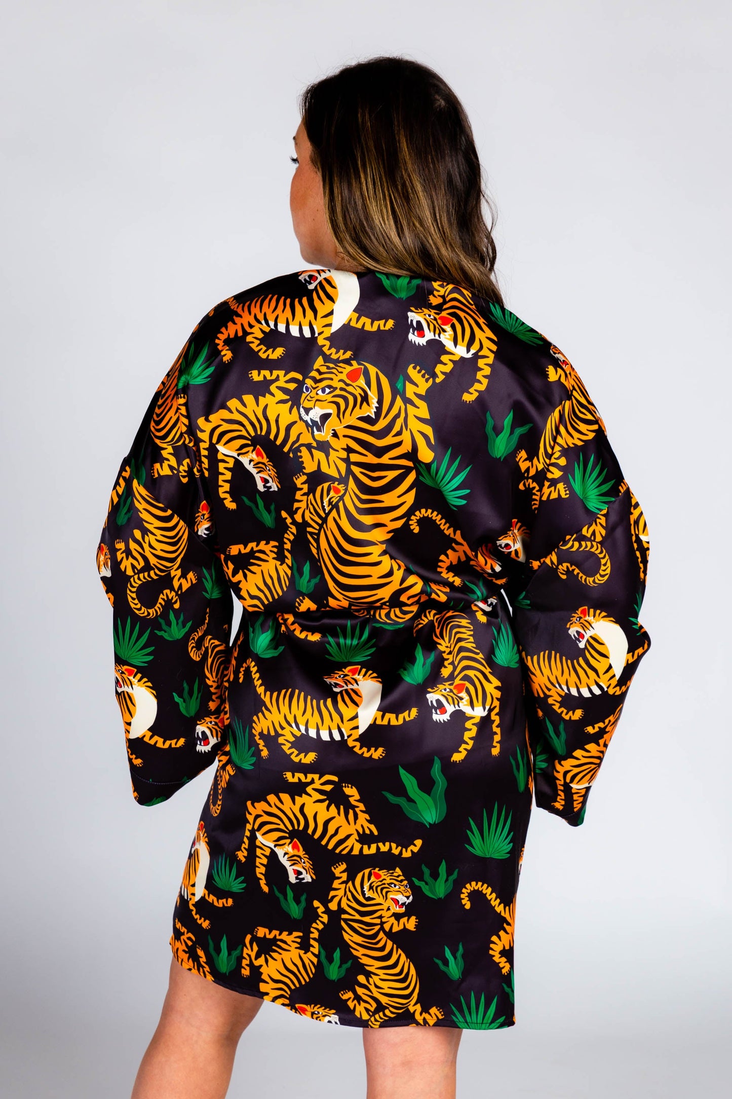  The Tamer | Ladies Unisex Tiger Print Satin Kimono