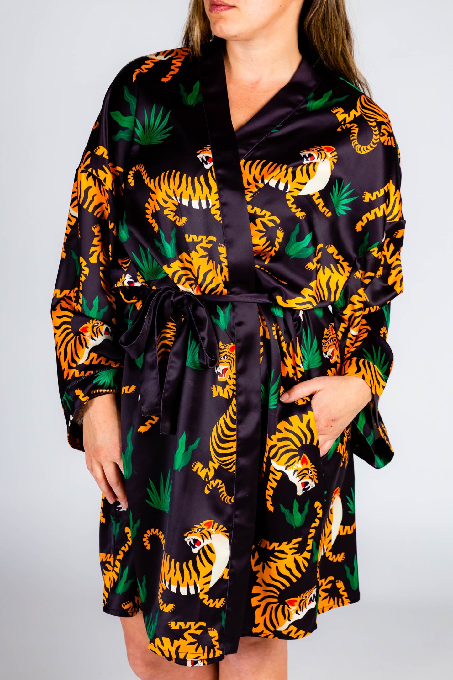  The Tamer | Ladies Unisex Tiger Print Satin Kimono