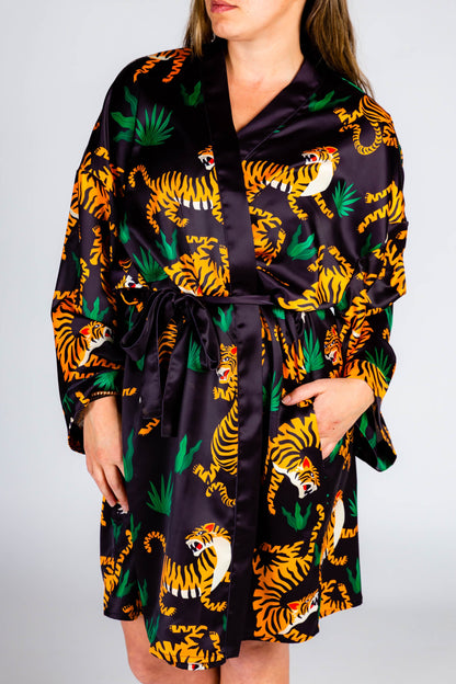  The Tamer | Ladies Unisex Tiger Print Satin Kimono
