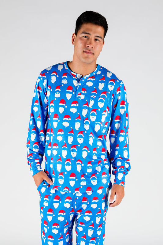  The 50 Shades Of Santa | Mens Blue Santa Faces Christmas Pajama Top