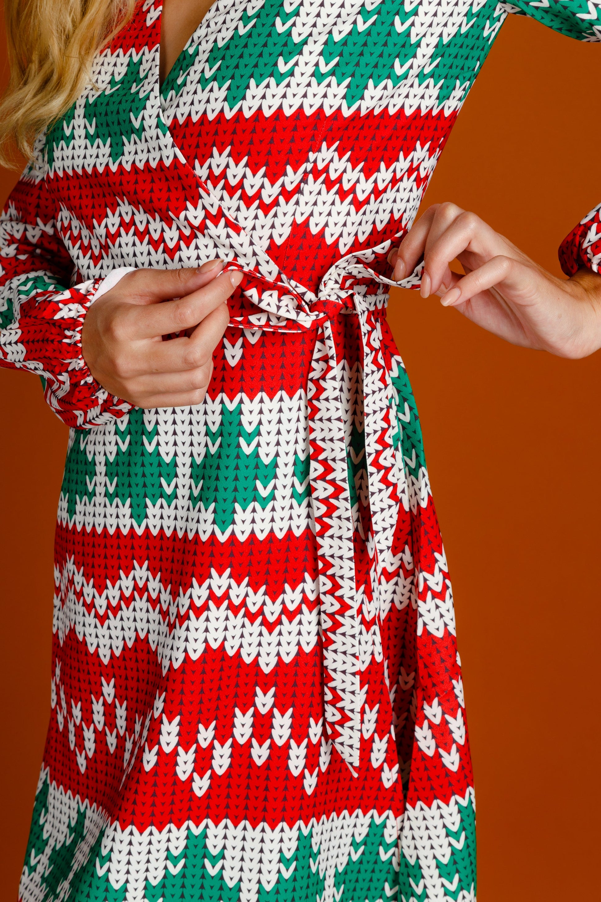  The Red Ryder | Knit Print Christmas Wrap Dress