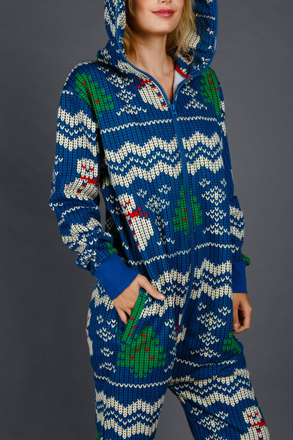 The Eggnog Aficionado | Ladies Unisex Snowman Print Blue Christmas Onesie