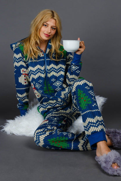  The Eggnog Aficionado | Ladies Unisex Snowman Print Blue Christmas Onesie