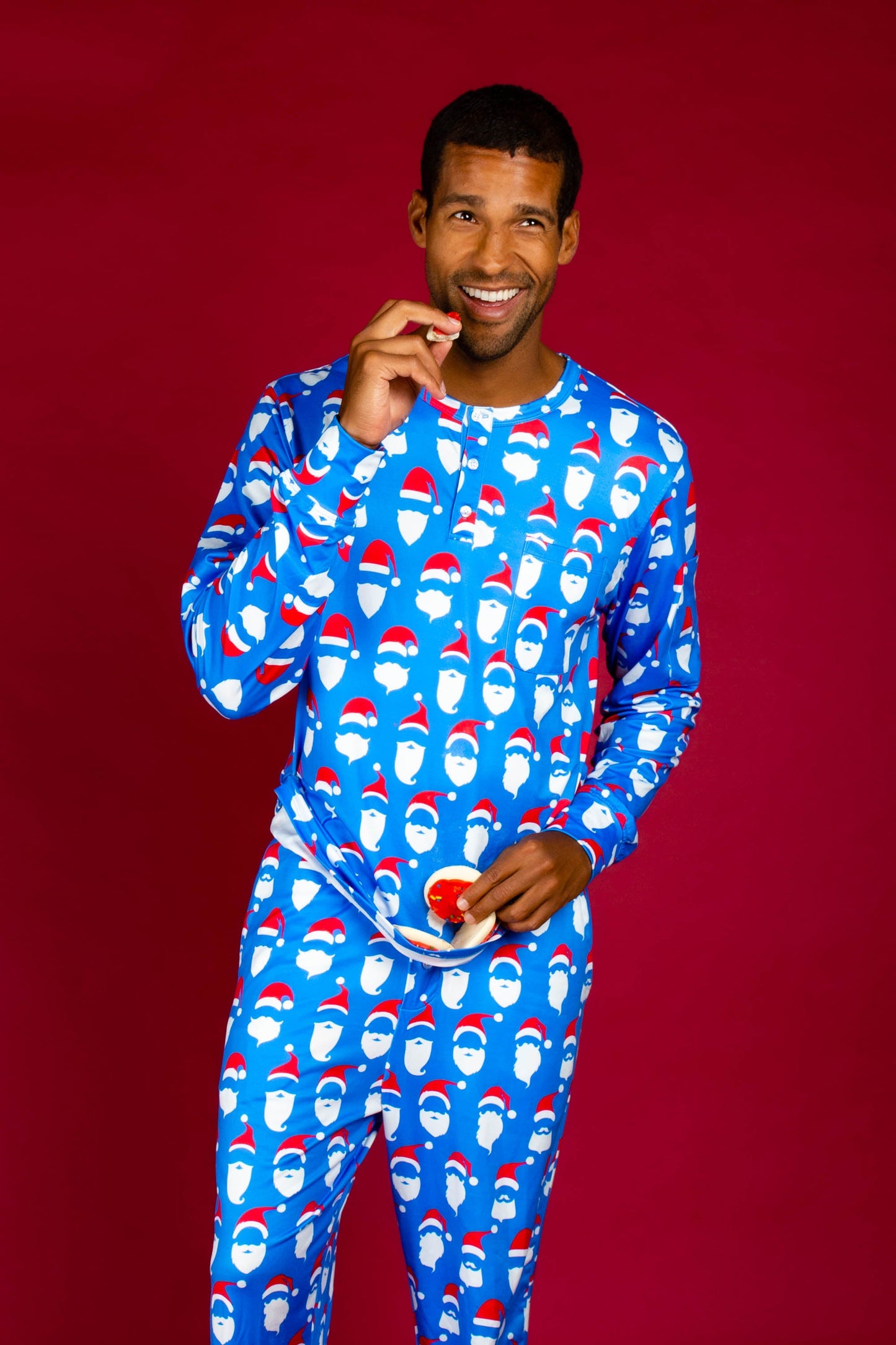  The 50 Shades Of Santa | Mens Blue Santa Faces Christmas Pajama Top
