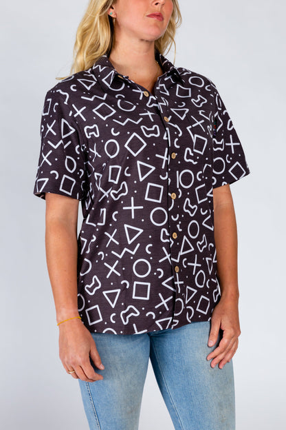  The Loading Screen | Black And White Button-Up Shirt Inspired By Playstation