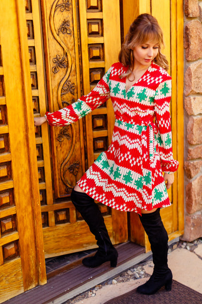  The Red Ryder | Knit Print Christmas Wrap Dress
