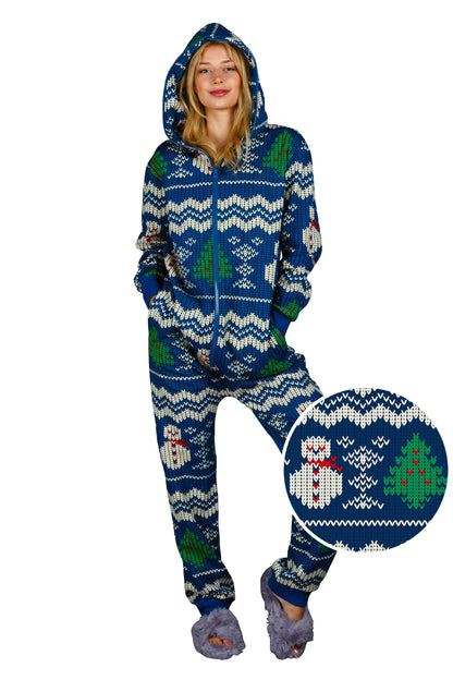  The Eggnog Aficionado | Ladies Unisex Snowman Print Blue Christmas Onesie