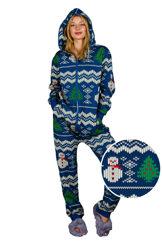  The Eggnog Aficionado | Ladies Unisex Snowman Print Blue Christmas Onesie